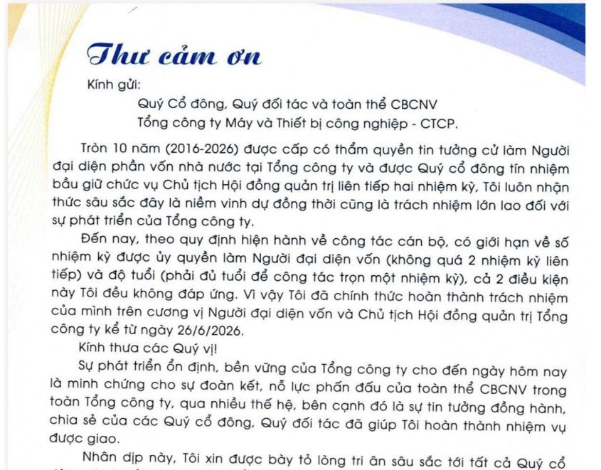 Thư cảm ơn của đồng chí Trần Quốc Toản, Bí thư Đảng uỷ Tổng công ty Máy và Thiết bị công nghiệp - CTCP